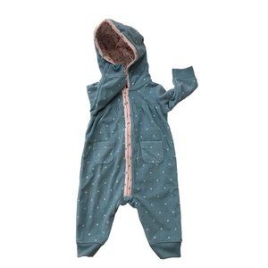 3 Months Carter's Blue Pink Fleece Zip Up One Piece Hooded Fox Polka Dots